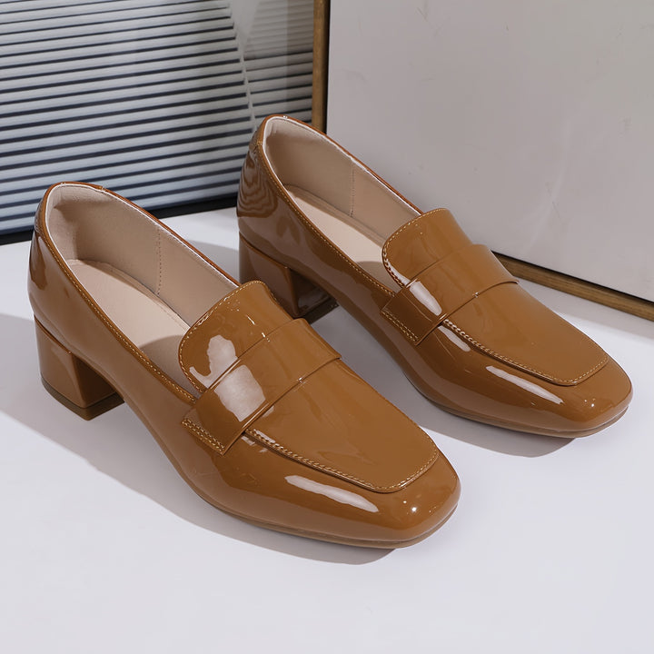 Women's Chunky Heeled Loafers, Solid Color Square Toe Patent Leather Pumps, All-Match Slip On Shoes