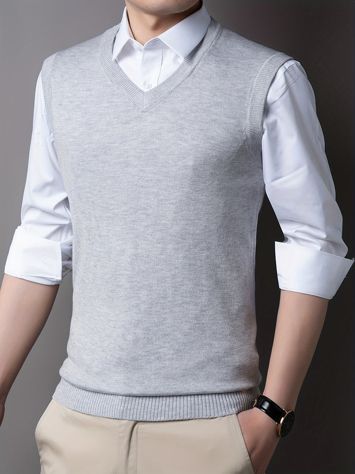 Casual Knitted Pullover, V-neck Sleeveless Thermal Jacket, Wool Vest, Men's Tank Top  For Autumn And Winter