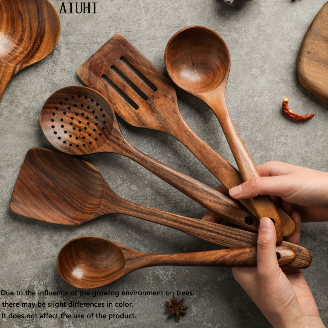 5pcs Wooden Cooking Spoon Set Wok Turners Natural Teak Wooden Utensil Kitchen Spatula Set Skimmer Spoon Wood Turner Cutlery Set Wooden Spatula Soup Scoops Teak Suite