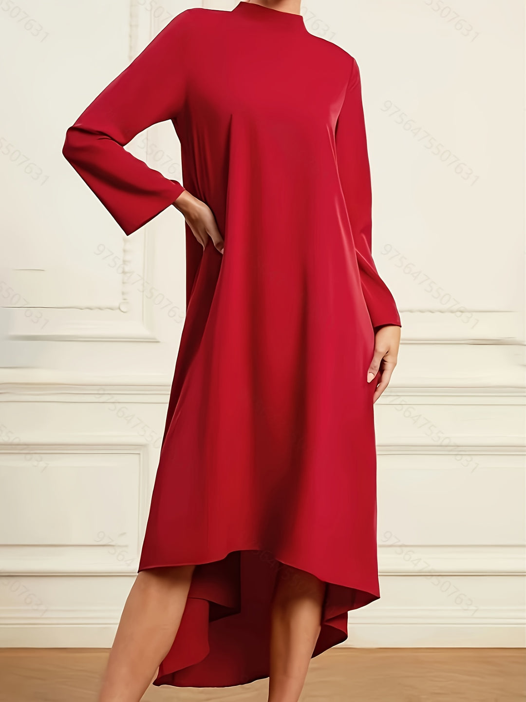 Solid Mock Neck Dress, Elegant Long Sleeve Irregular Hem Dress, Women's Clothing