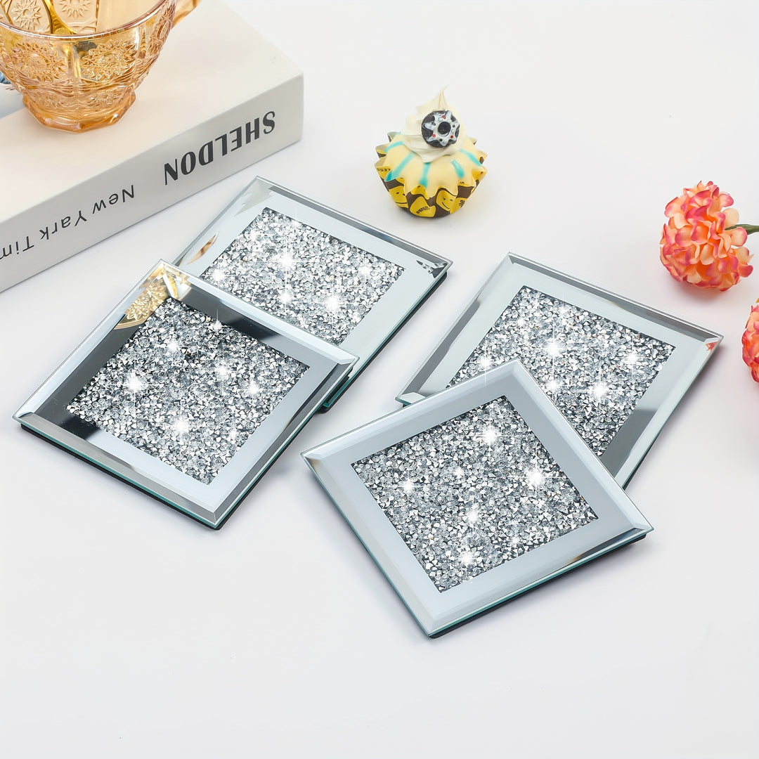 4pcs/set Crystal Crushed Diamond Glass Insulated Coasters ,Fashionable Noble Glass Mirror, Square Coasters, Suitable For Tea Coasters, Coffee Mats, Placemats, Party Table Top Bar Table Decoration Supplies