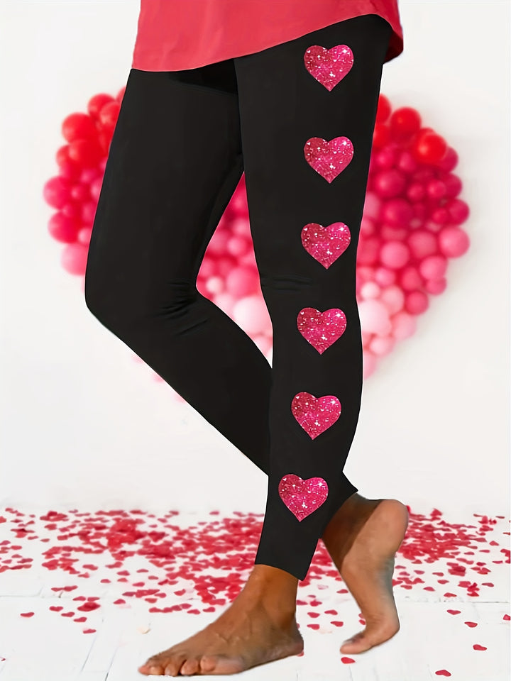 Plus Size Heart Print Skinny Leggings, Casual Every Day Stretchy Leggings, Women's Plus Size Clothing