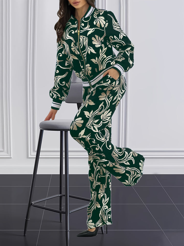 Plus Size Casual Outfits Set, Women's Plus Leaf Print Long Sleeve Zip Up Jacket & Pants Outfits 2 Piece Set