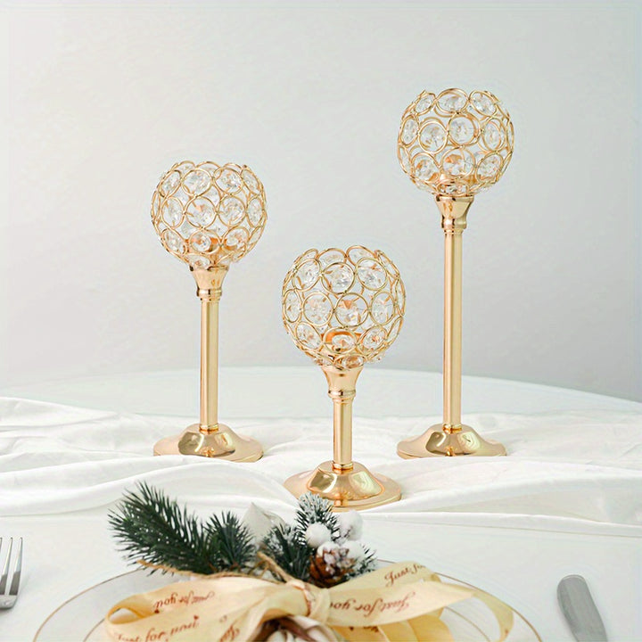 3 Pcs Crystal Candle Holder 3 Sizes Tea Light Candlestick Holders For Wedding Table Centerpiece, Table Decor, Tealight Candlestick Holder For Fireplace Candelabra, Home Living Room Decor,Candlestick Holders Metal Wedding Polished Tabletop