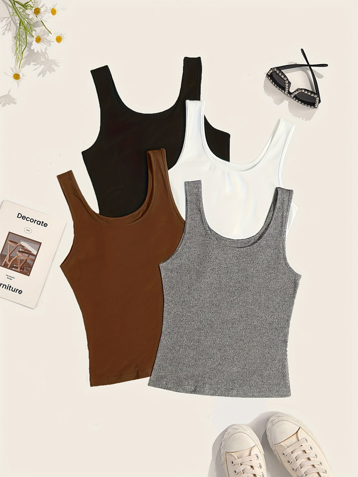 Solid Versatile Tank Top 4 Pack, Casual Crew Neck Summer Sleeveless Top, Women's Clothing