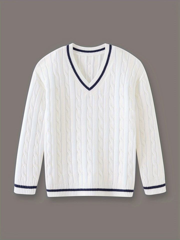 Kid's Preppy Style V-neck Sweater, Cable Knit Pullover, Causal Long Sleeve Top, Boy's Clothes For Spring Fall Winter