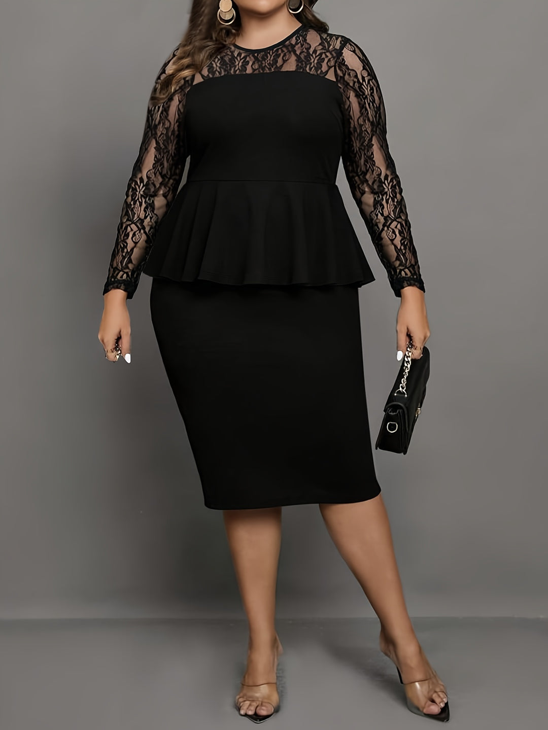 Elegant Plus Size Lace Dress with Illusion Neck and Long Sleeves, Perfect for Casual Occasions, Women's Plus Size Clothing