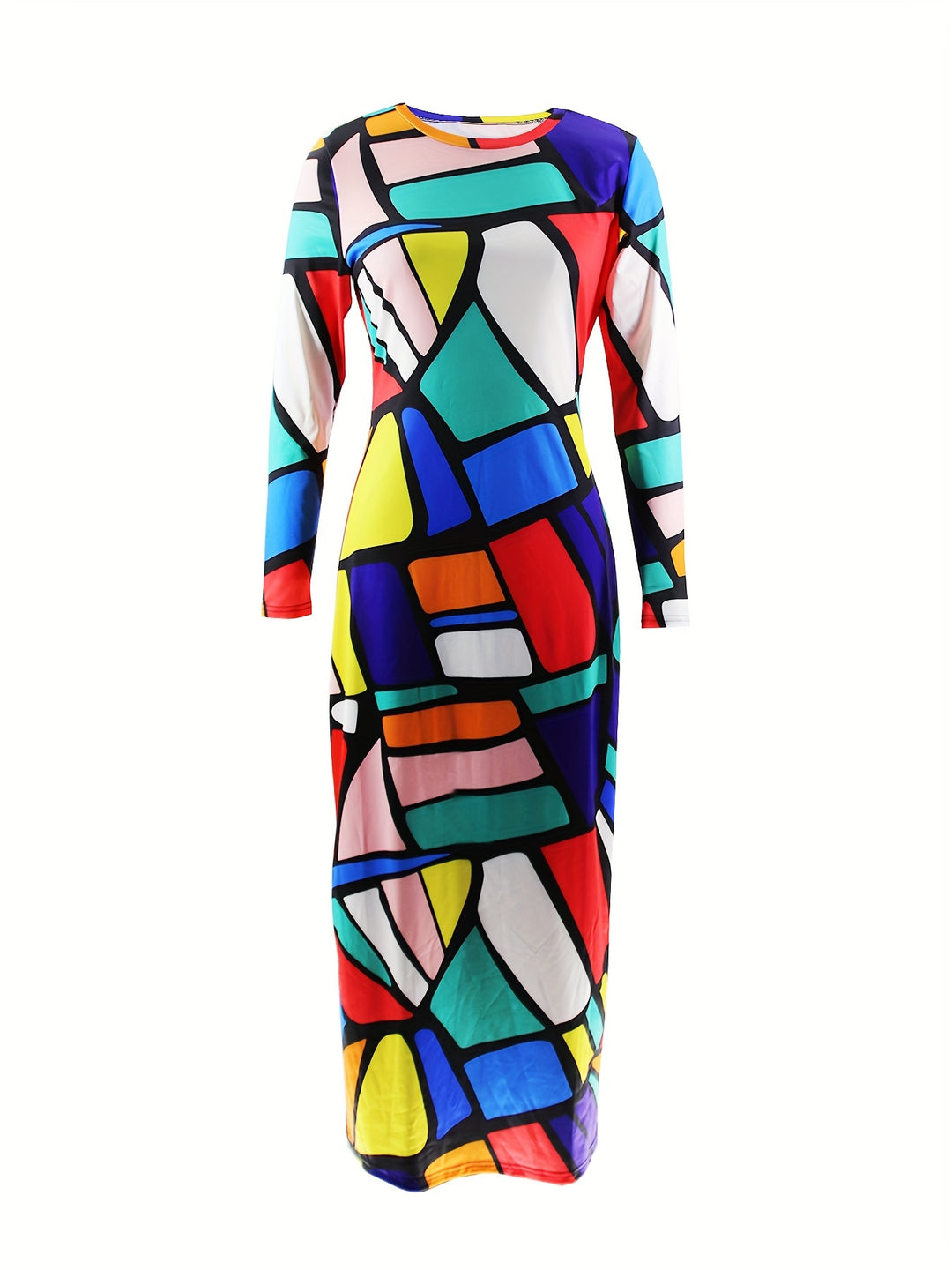 Geo Print Colorful Maxi Dress, Casual Crew Neck Long Sleeve Bodycon Dress, Women's Clothing