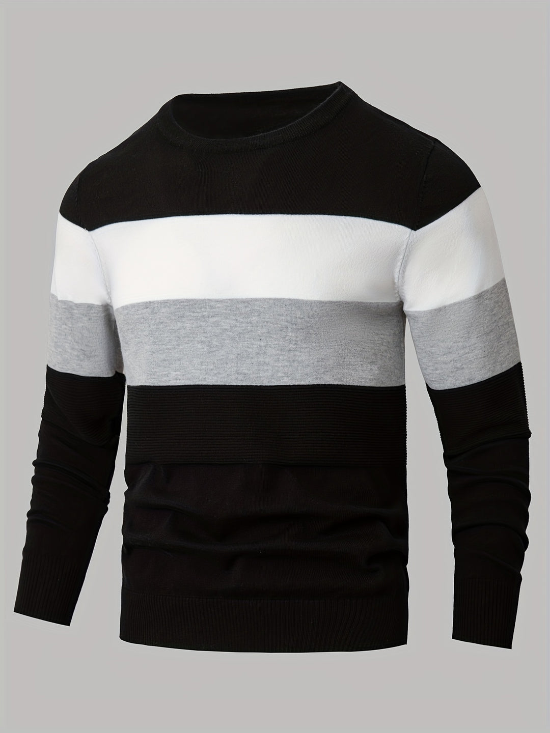 All Match Knitted Color Block Sweater, Men's Casual Warm Slightly Stretch Crew Neck Pullover Sweater For Men Fall Winter