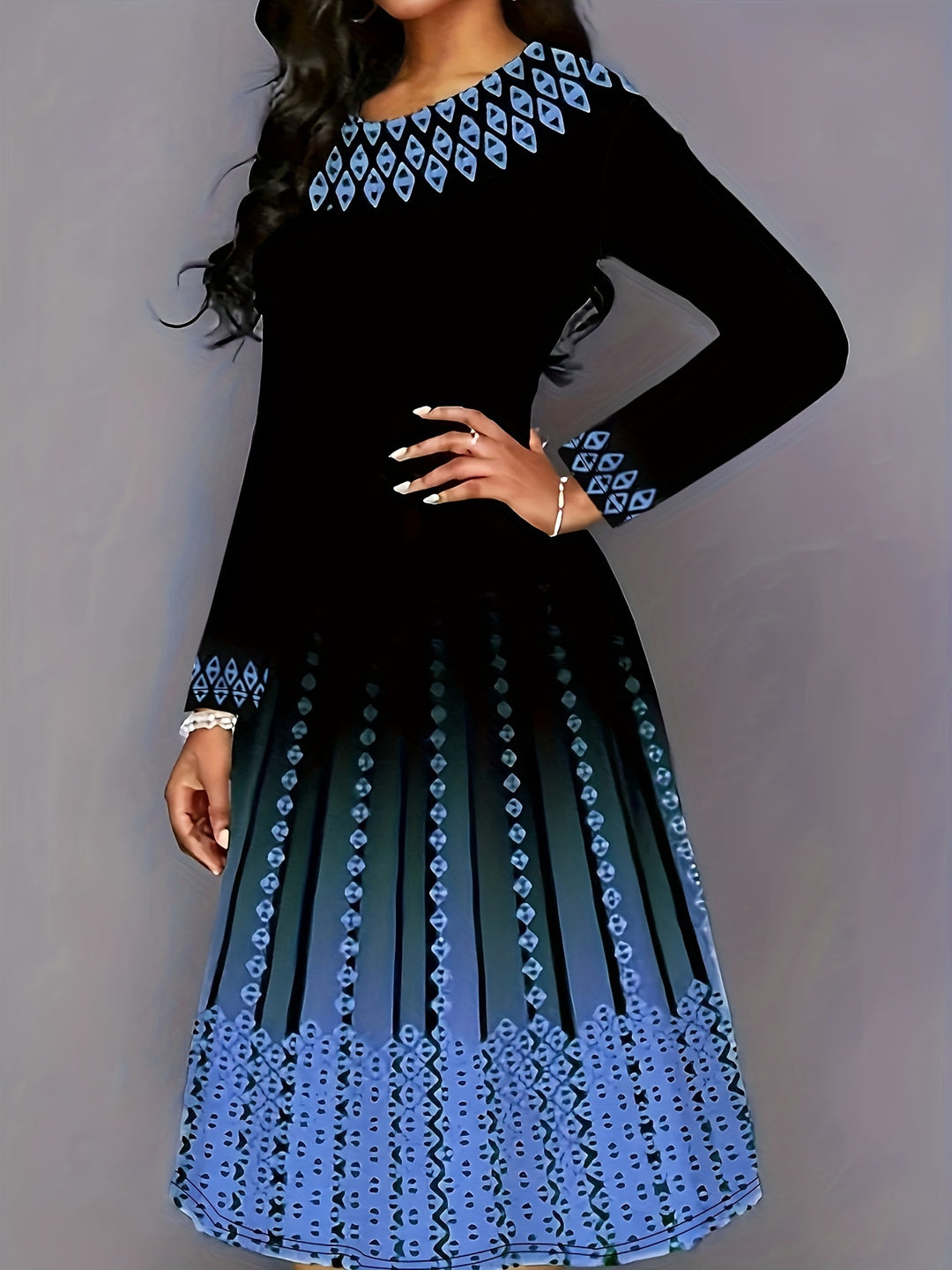 Plus Size Elegant Dress, Women's Plus Geo & Ombre Print Long Sleeve Round Neck A-line Formal Dress