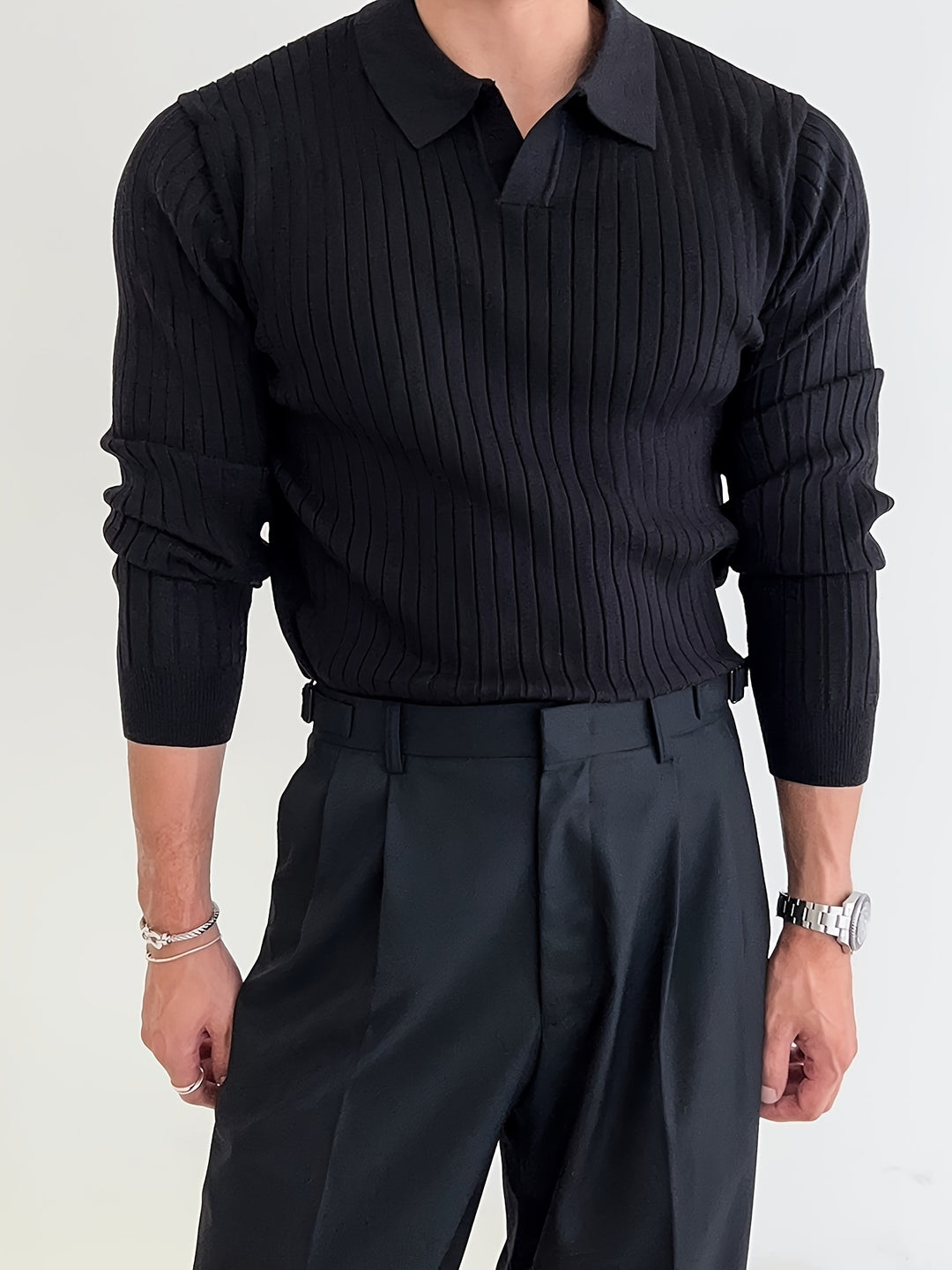 Solid Chic Knit Shirt, Men's Casual Lapel Slightly Stretch V-Neck Pullover Sweater For Autumn Winter
