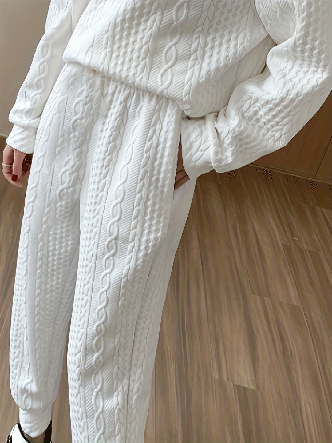 Textured Two-piece Set, Casual Long Sleeve Sweatshirt & Dual Pockets Pants Outfits, Women's Clothing