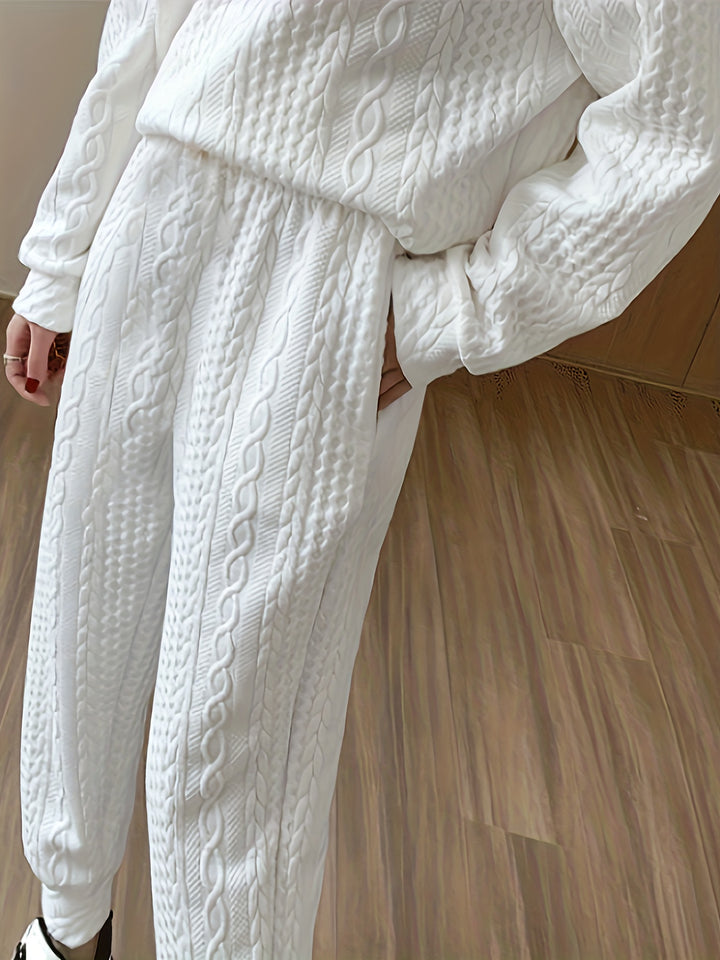Textured Two-piece Set, Casual Long Sleeve Sweatshirt & Dual Pockets Pants Outfits, Women's Clothing