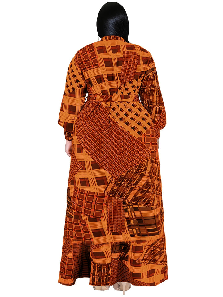 Elegant Plus Size Maxi Dress with Graphic Print and Lantern Sleeves, Perfect for All Seasons