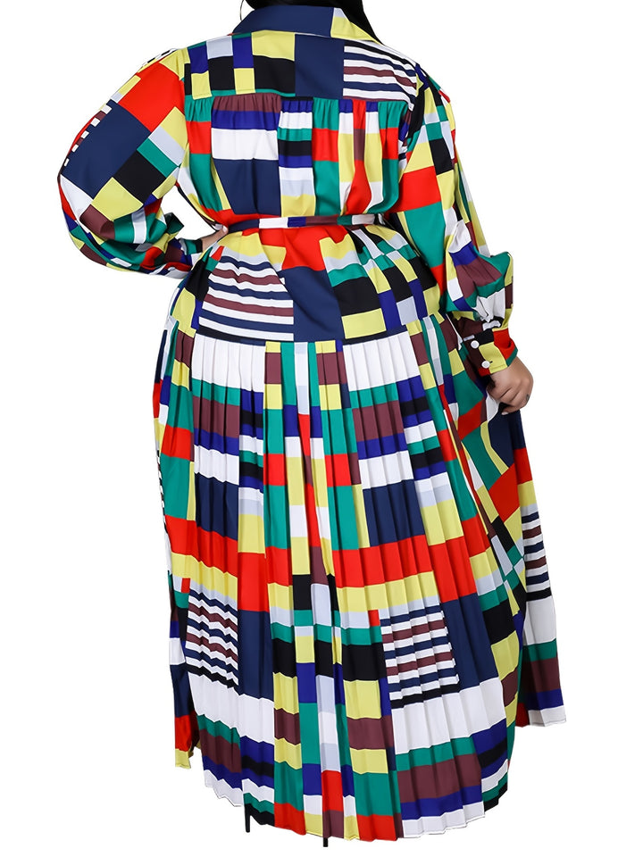 Stylish Plus Size Maxi Dress with Colorblock Design and Lantern Sleeves for Women
