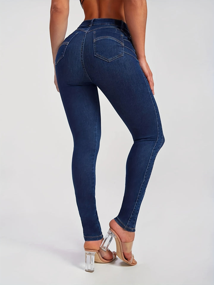 Women's High Waist Stretchy Skinny Leg Jeans, Solid Butt Lifting Denim Pants, Classic Side Patchwork Jeans