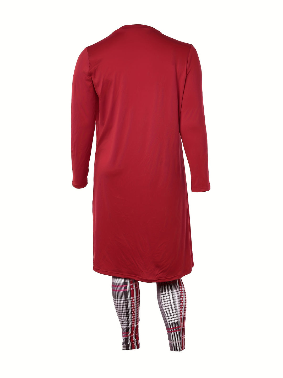 Plus Size Plaid Print Three-piece Set, Crew Neck Cami Top & Long Sleeve Open Front Top & Slim Pants Outfits, Women's Plus Size Clothing