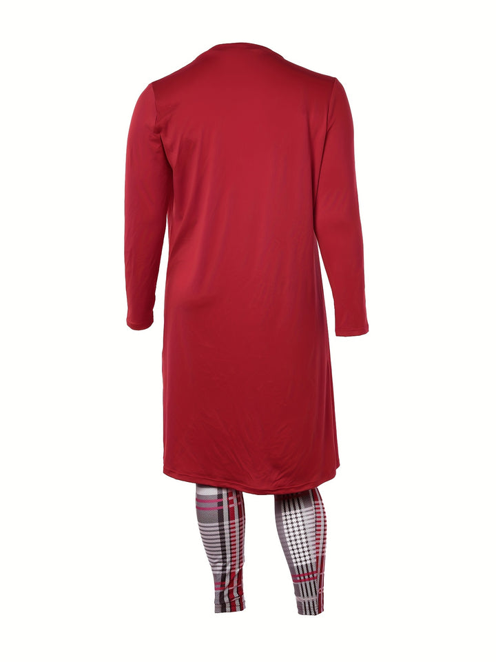 Plus Size Plaid Print Three-piece Set, Crew Neck Cami Top & Long Sleeve Open Front Top & Slim Pants Outfits, Women's Plus Size Clothing