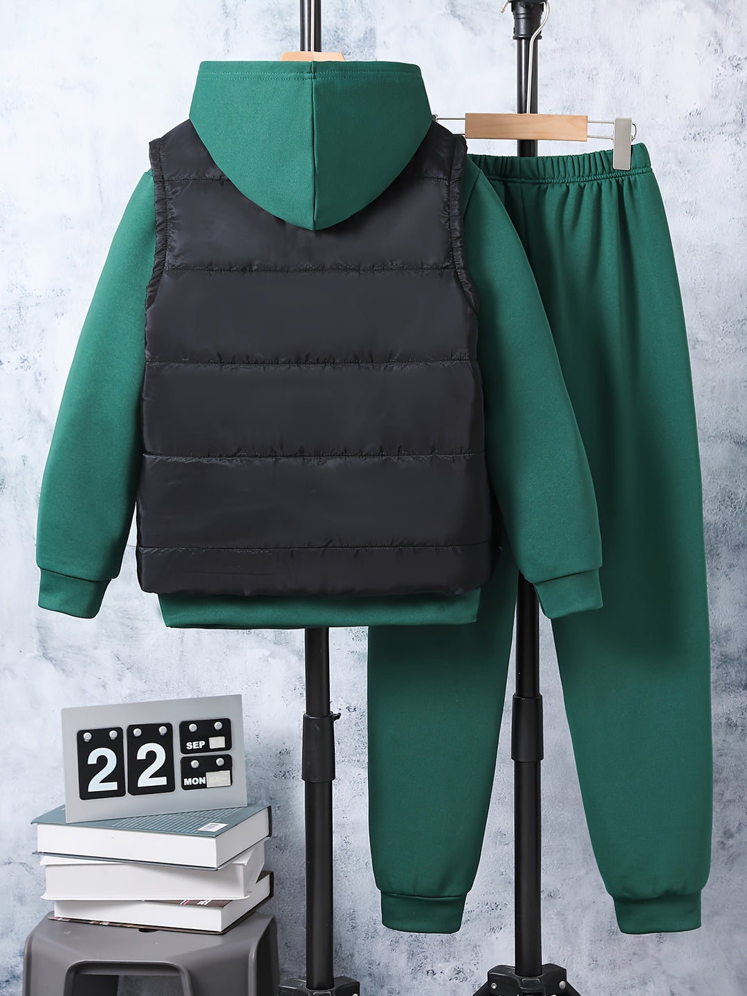 3pcs Boy's Solid Color Hooded Outfit, Warm Padded Vest & Hoodie & Pants Set, Kid's Clothes For Fall Winter, As Gift