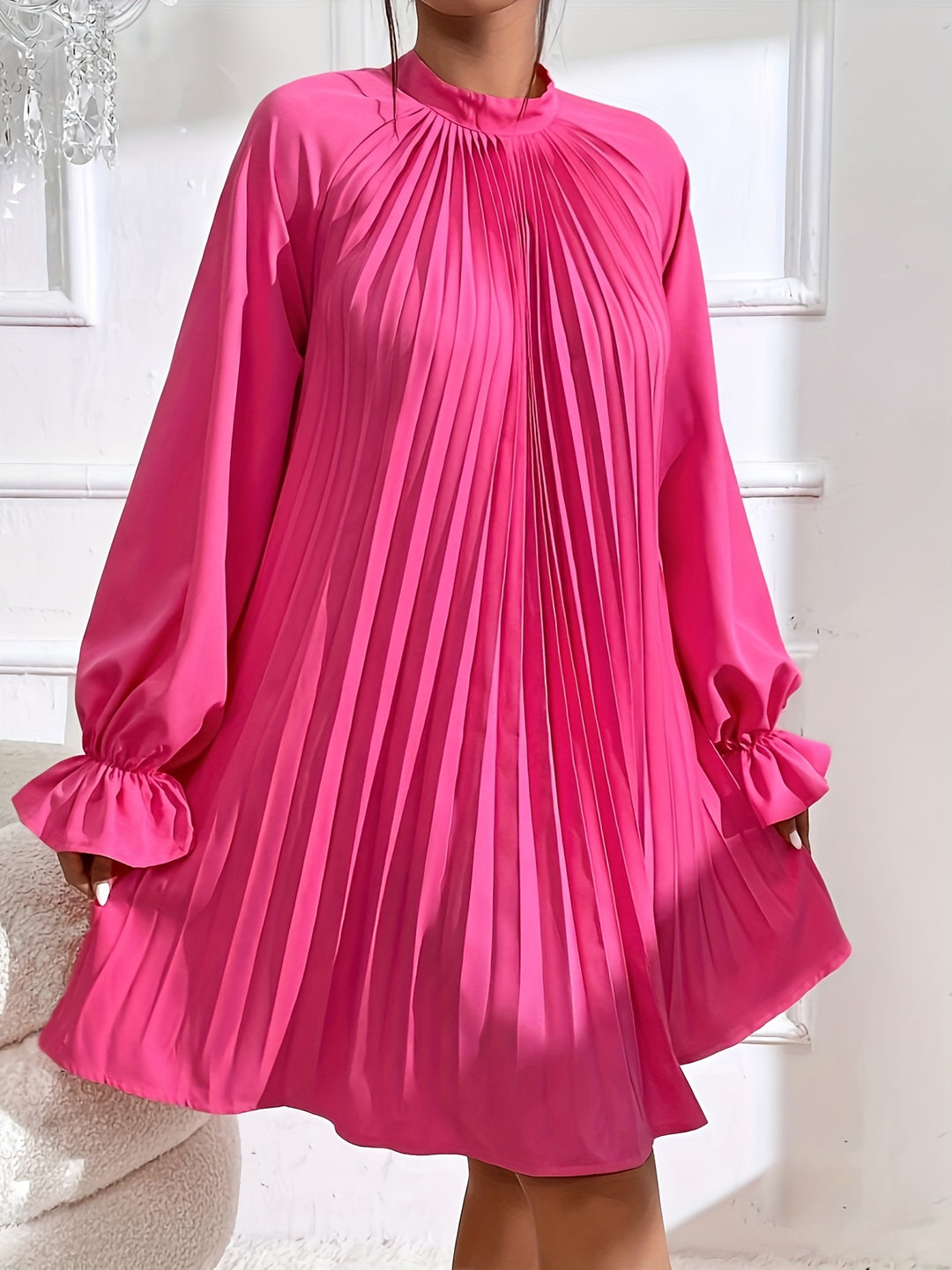 Elegant Solid Color Pleated Dress for Women, Casual and Comfortable Long Sleeve Dress