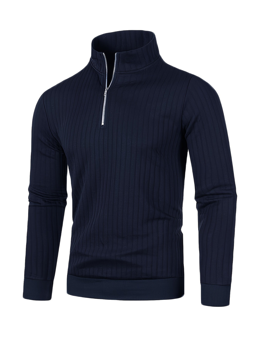 Ribbed Knitted Half Zipper Sweater, Men's Casual Warm Slightly Stretch Stand Collar Pullover Sweater For Men Fall Winter