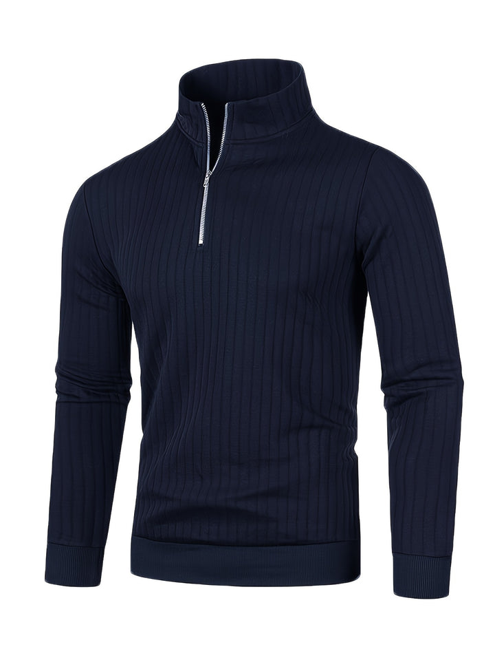 Ribbed Knitted Half Zipper Sweater, Men's Casual Warm Slightly Stretch Stand Collar Pullover Sweater For Men Fall Winter