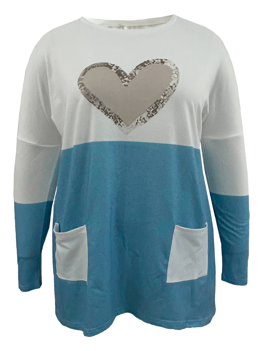 Plus Size Casual T-shirt, Women's Plus Colorblock Heart Print Drop Shoulder Long Sleeve Round Neck Tunic T-shirt With Pockets
