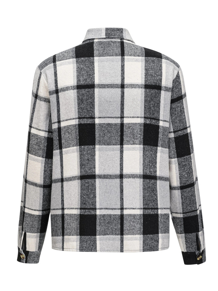 Retro Plaid Pattern Men's Casual Long Sleeve Lapel Shirt Jacket With Pocket Design, Fall Winter Outwear For Men