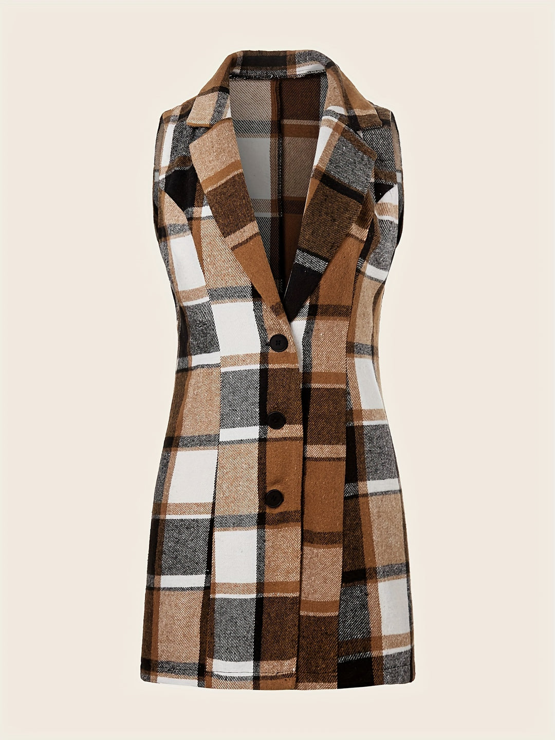 Plaid Sleeveless Lapel Blazer, Casual Single Breasted Outerwear, Women's Clothing