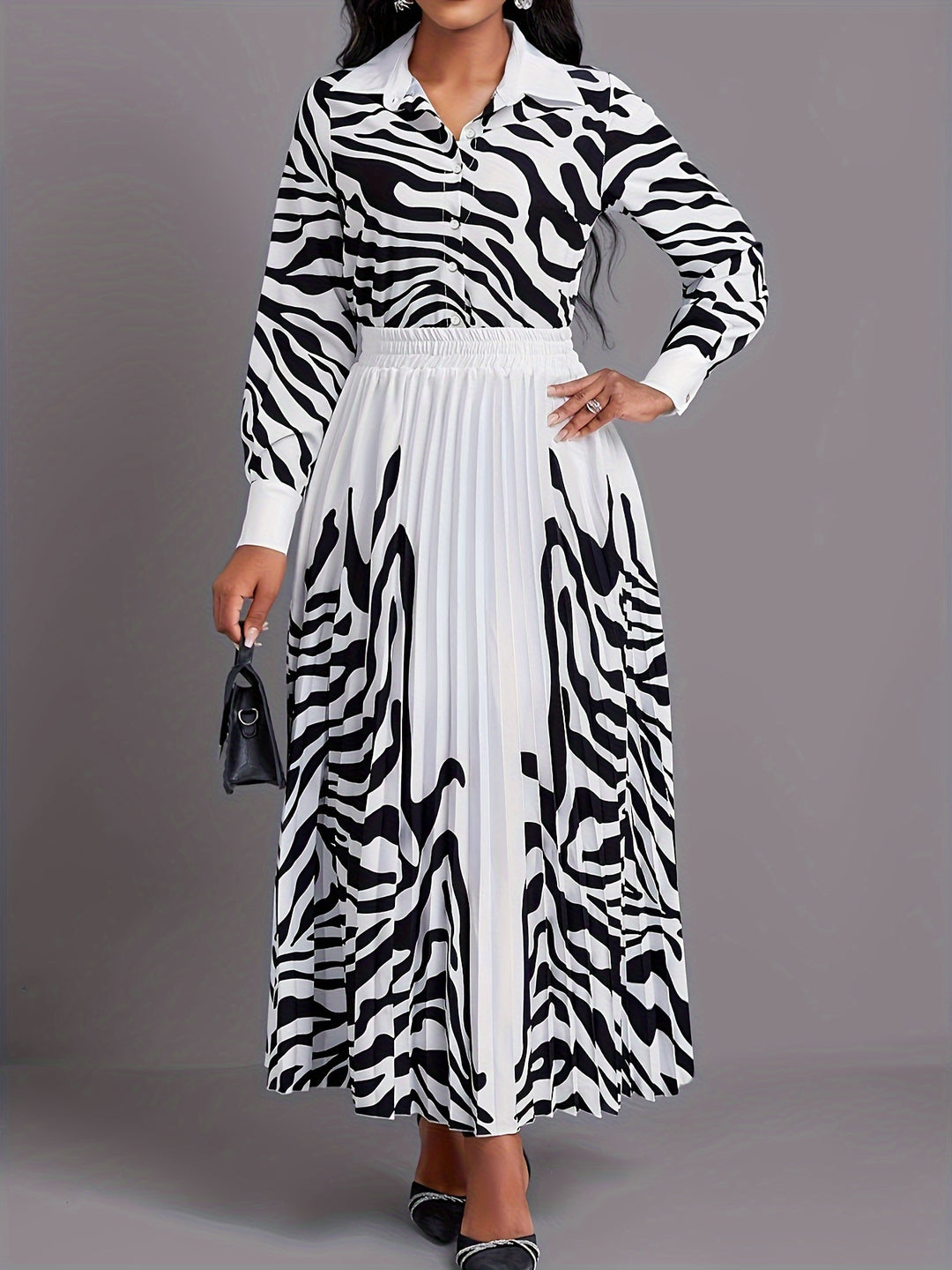 Graphic Print Two-piece Set, Boho Button Front Shirt & Pleated Skirt Outfits, Women's Clothing