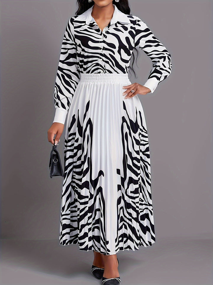 Graphic Print Two-piece Set, Boho Button Front Shirt & Pleated Skirt Outfits, Women's Clothing