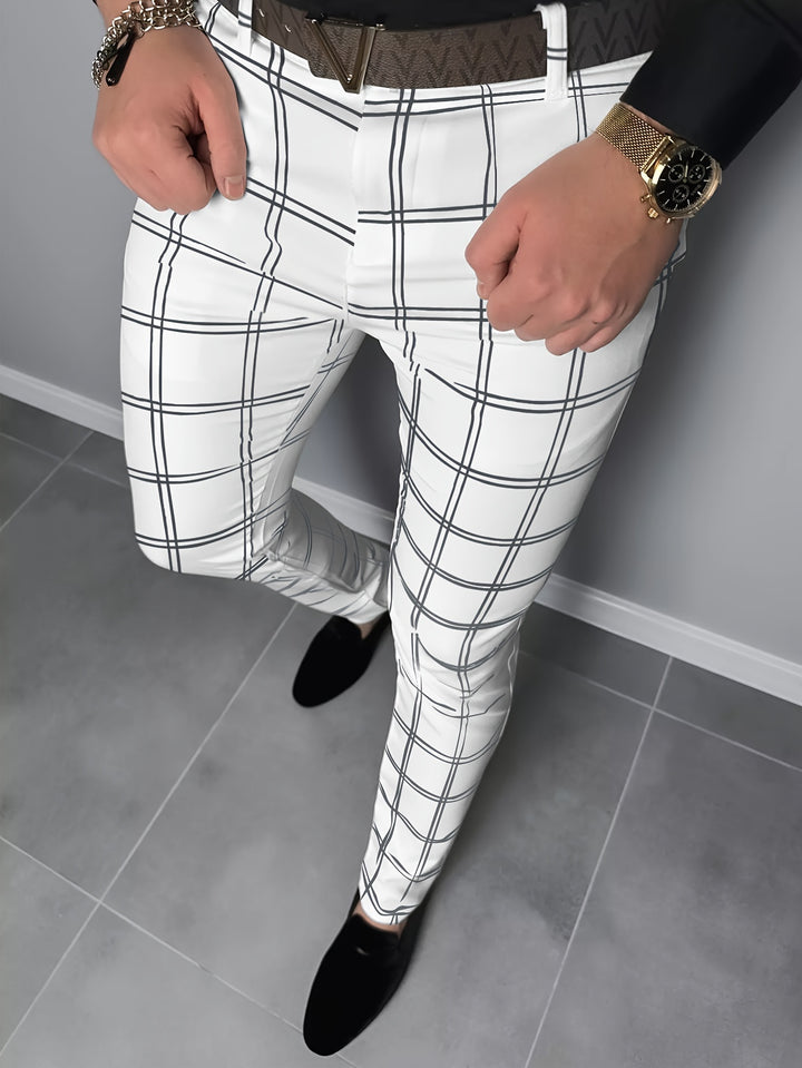 Slim Fit Plaid Slacks, Men's Casual Vintage Style Slightly Stretch Dress Pants For Business Banquet
