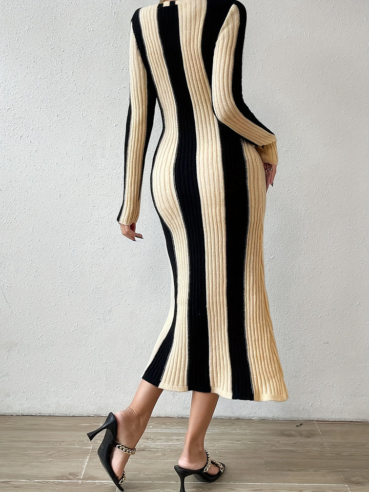 Stripe Color Block Dress, Bodycon Crew Neck Long Sleeve Dress, Women's Clothing