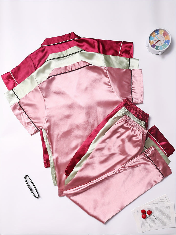 3 Sets Women's Valentine's Day Pajamas Set, Plus Size Heart & Arrow Pattern Button Up Satin Shirt & Pants Lounge 6 Piece Set