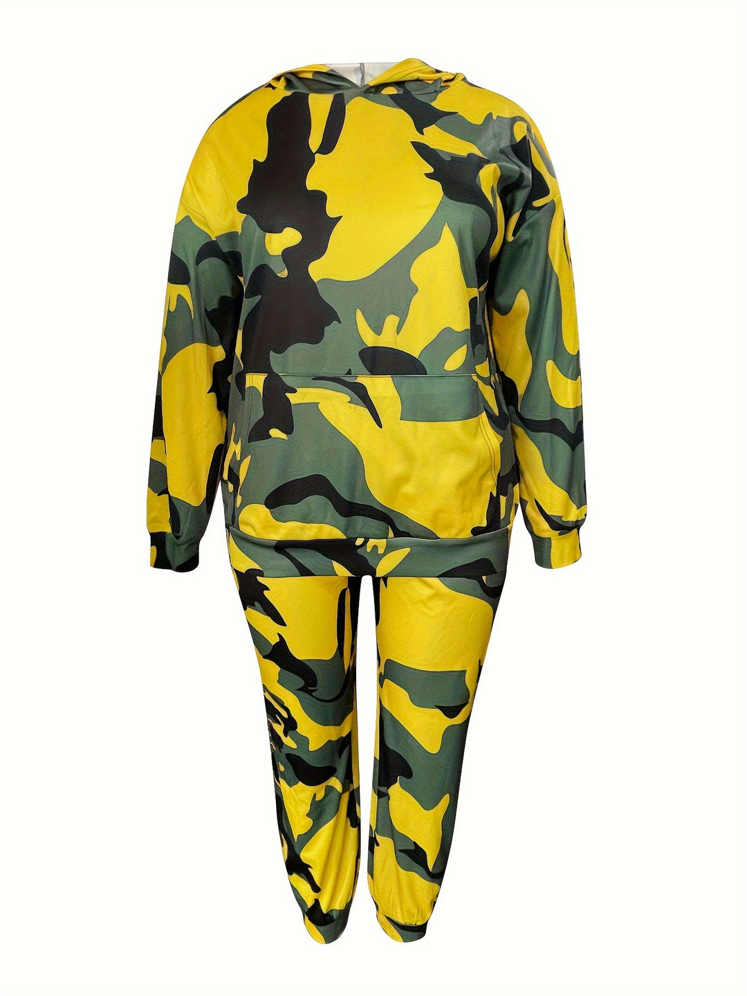 Plus Size Casual Outfits Set, Women's Plus Camo Print Long Sleeve Slight Stretch Hoodie & Joggers Outfits Two Piece Set