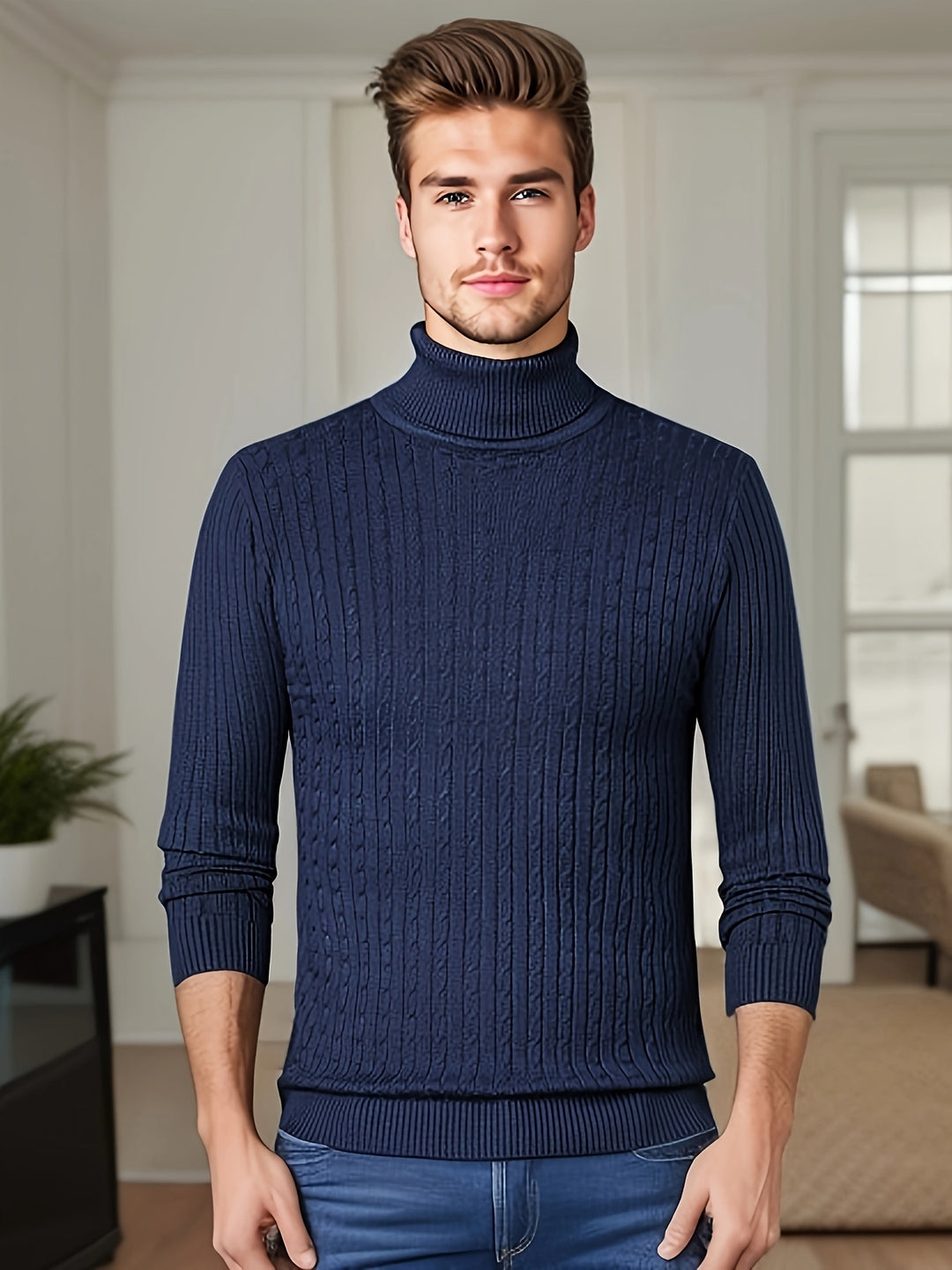 Men's Trendy Knitted Sweater, Casual Mid Stretch Breathable Turtle Neck Top For Outdoor Fall Winter