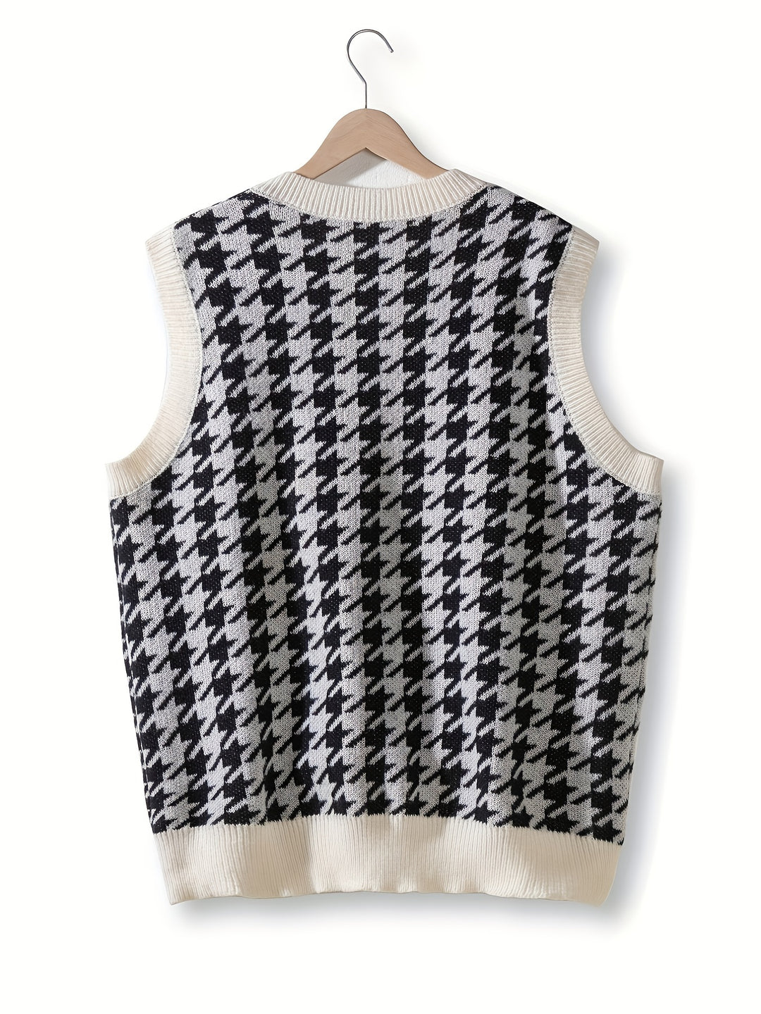 Men's V-neck Houndstooth Casual Sleeveless Knitted Sweater Vest, Men's Clothing For Autumn Winter