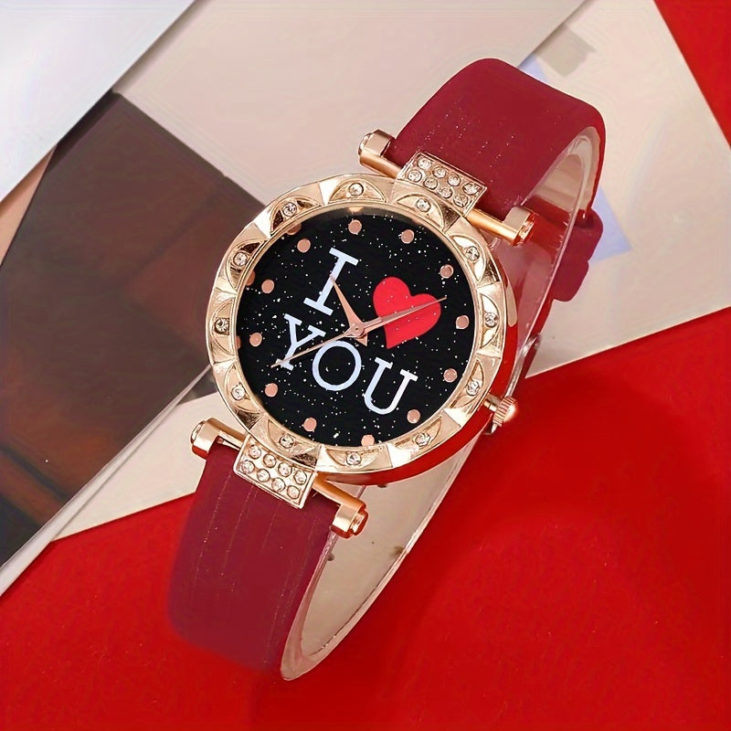 5pcs/set Women's Watch I Love You Heart Quartz Watch Luxury Rhinestone Analog Wrist Watch & Jewelry Set, Gift For Her