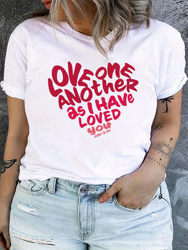 Plus Size Valentine's Day Letter Print T-shirt, Short Sleeve Crew Neck Casual Top For Summer & Spring, Women's Plus Size Clothing