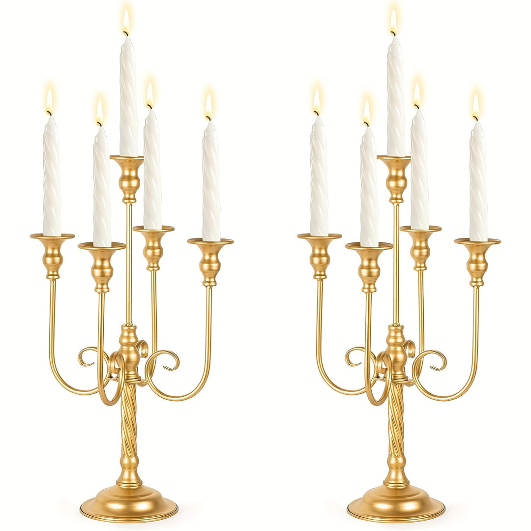 2pcs Golden Candelabra Centerpieces For Tables, Metal Tall Candle Holder For Taper Candles, 5 Arm Candlestick Holder For Wedding Centerpiece Decor Party Event Reception Decoration,19.7in