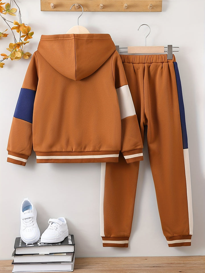 Boy's Color Clash 2pcs, Hooded Jacket & Sweatpants Set, Windproof Casual Outfits, Kids Clothes For Spring Fall