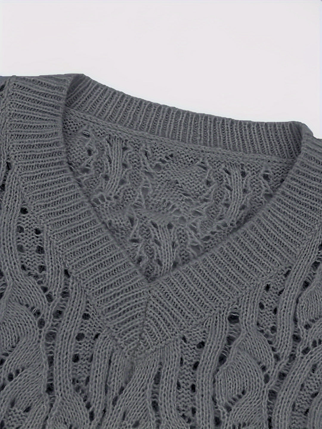 Plus Size Casual Sweater Dress, Women's Plus Solid Eyelet Embroidered Long Sleeve V Neck Midi Sweater Dress