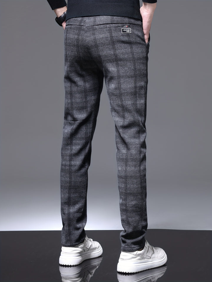 Retro Style Checkered Men's Casual Long Slim Fit Pants With Multi Pocket, Spring Fall Outdoor