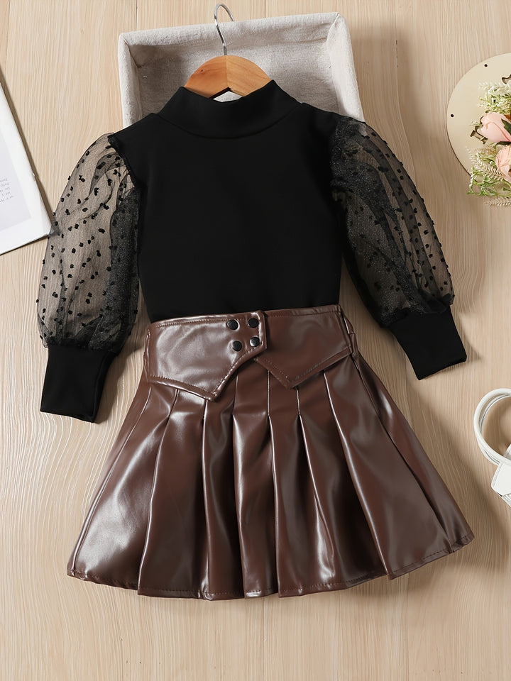 Sweet Outfits Girls 2pcs, Puff Mesh Sleeve Top + PU Leather Skirt Kids Clothes Gift Gift Halloween Christmas