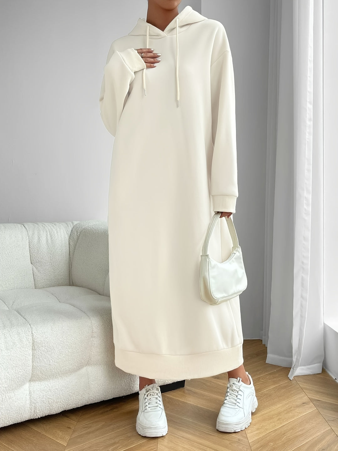 Solid Drawstring Hooded Dress, Casual Long Sleeve Loose Dress, Women's Clothing