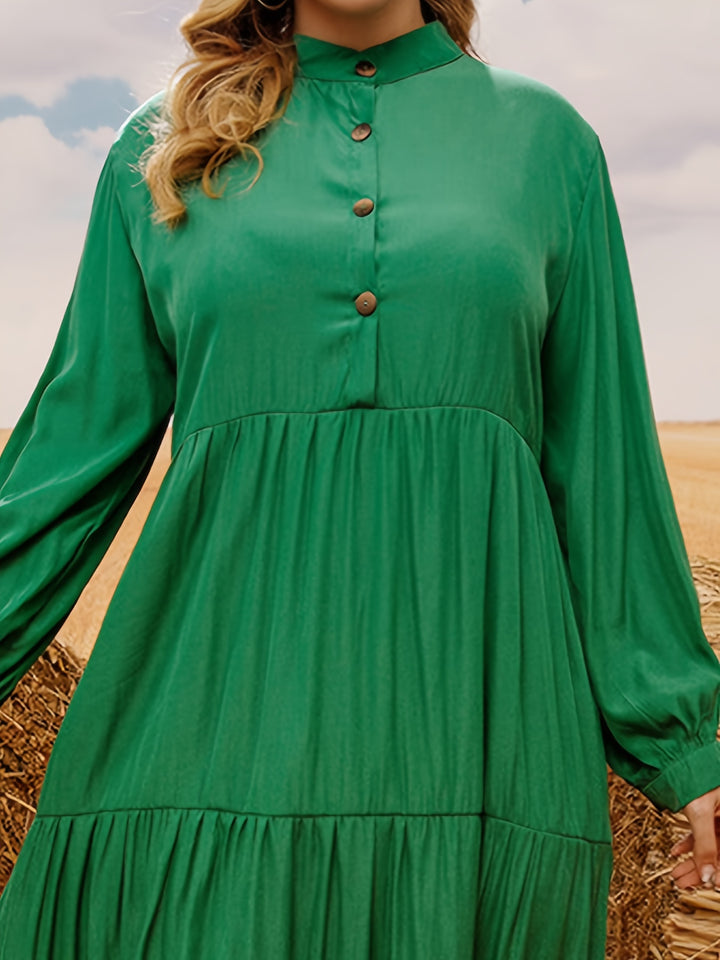 Women's Casual Dress, Plus Size Solid Lantern Sleeve Button Up Mock Neck Smock Maxi Dress