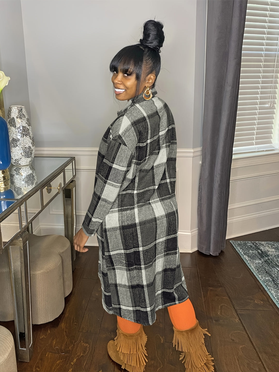 Oversized Plaid Shirt Jacket, Long Sleeve Button Up Casual Plaid Shacket For Spring & Fall, Women's Clothing