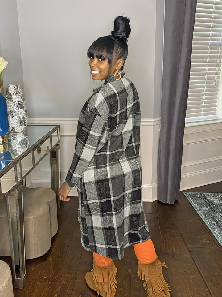 Oversized Plaid Shirt Jacket, Long Sleeve Button Up Casual Plaid Shacket For Spring & Fall, Women's Clothing