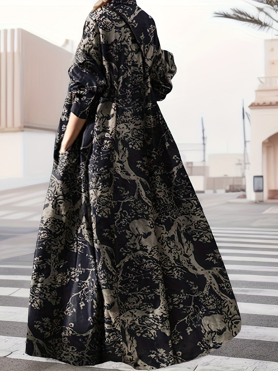 Vintage Graphic Print V-neck Dress, Elegant Long Sleeve Maxi Dress For Spring & Fall, Women's Clothing