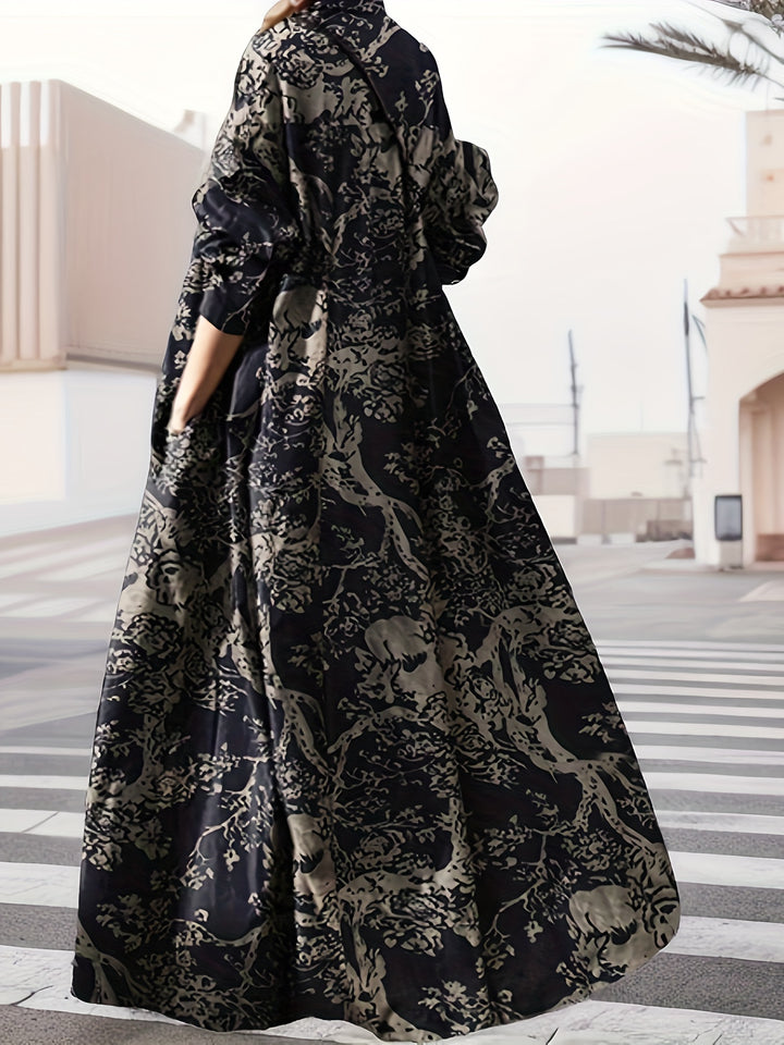 Vintage Graphic Print V-neck Dress, Elegant Long Sleeve Maxi Dress For Spring & Fall, Women's Clothing